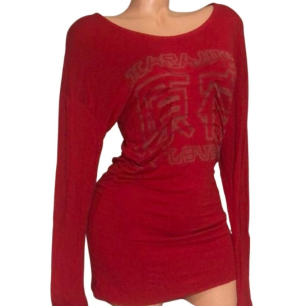 VINTAGE Y2K HARAJUKU LOVERS Red Stretch Logo Ruched Tunic Dress - Size L - Picture 1 of 14